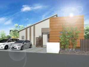 【告知】飯塚市伊岐須で平屋のモデルハウス建設　外観パース①